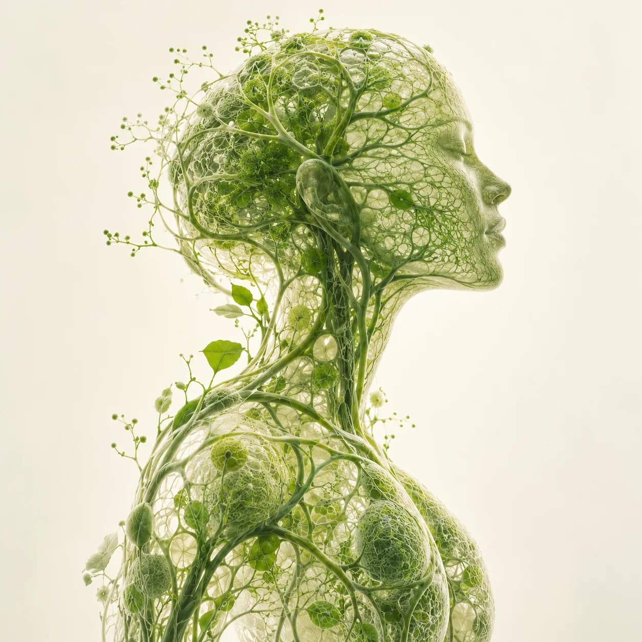 Translucent human profile formed from living green filaments