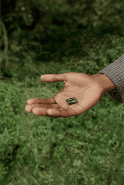 Open hand holding green capsules outside