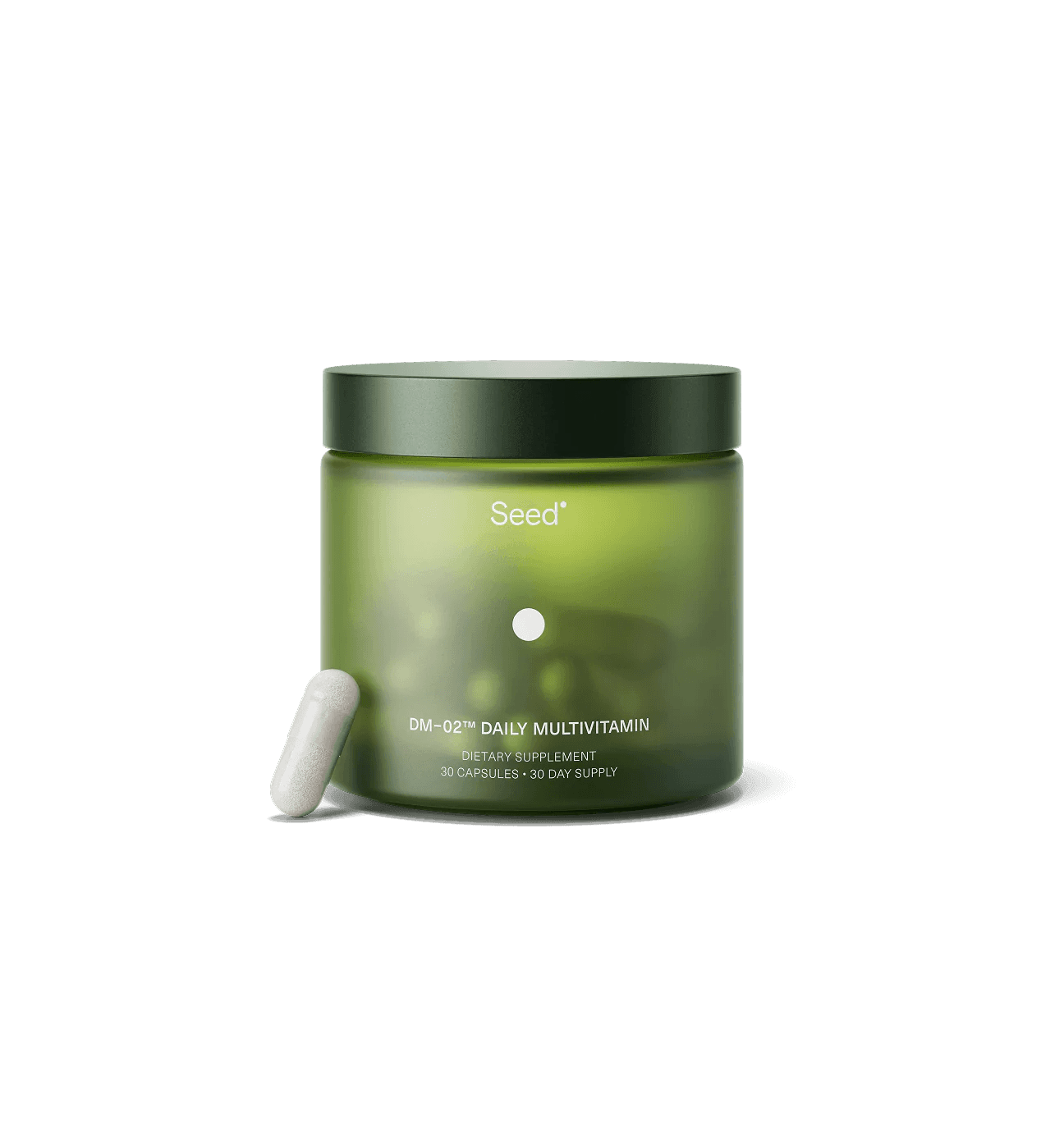 Green supplement jar with a white capsule on a white background