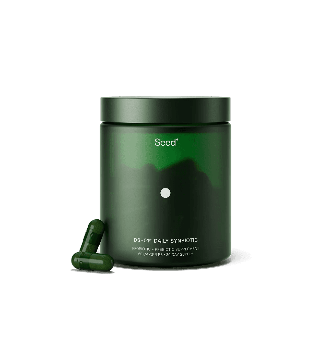 Green supplement jar with capsules on a white background